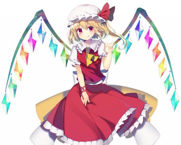 Anime picture 1500x1200 with touhou flandre scarlet koto seori single blush fringe short hair simple background blonde hair hair between eyes white background looking away pink eyes puffy sleeves side ponytail :q girl skirt hat wings