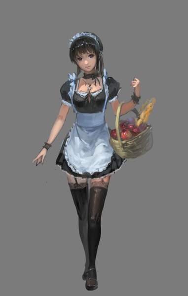 Anime picture 1187x1866 with original november (jeanex) single tall image looking at viewer short hair black hair red eyes maid zettai ryouiki girl thighhighs black thighhighs headdress maid headdress apple basket