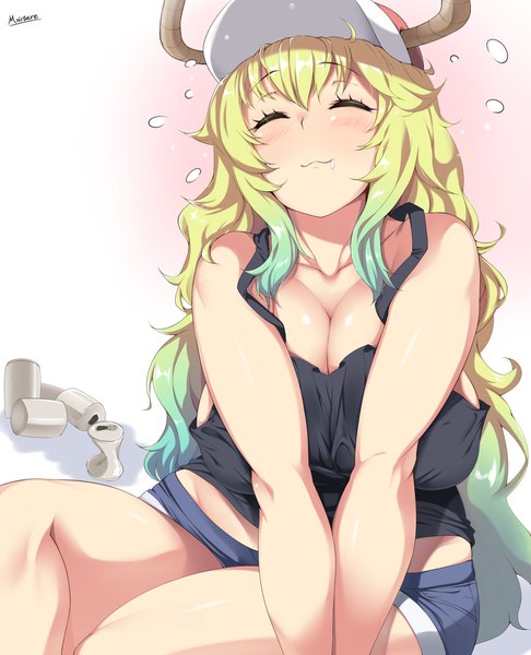 Anime picture 1280x1579 with kobayashi-san chi no maidragon kyoto animation lucoa (maidragon) moisture (chichi) single long hair tall image blush fringe breasts light erotic simple background blonde hair hair between eyes signed cleavage eyes closed multicolored hair horn (horns) huge breasts
