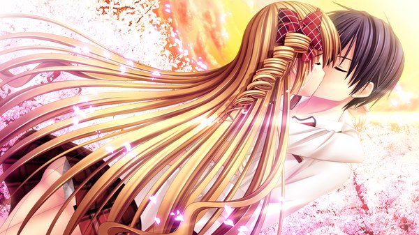 Anime picture 1280x720 with sakura sakimashita akizuki tsukasa long hair short hair black hair blonde hair wide image game cg eyes closed couple tears cherry blossoms drill hair kiss girl boy uniform bow hair bow school uniform