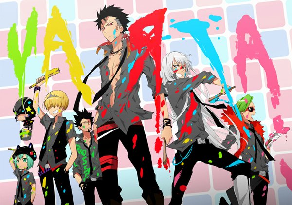 Anime picture 1024x720 with katekyou hitman reborn superbi squalo xanxus belphegor (khr) fran (khr) lussuria leviathan (khr) mammon (khr) danemaru long hair short hair open mouth black hair blonde hair smile red eyes green eyes silver hair purple hair profile