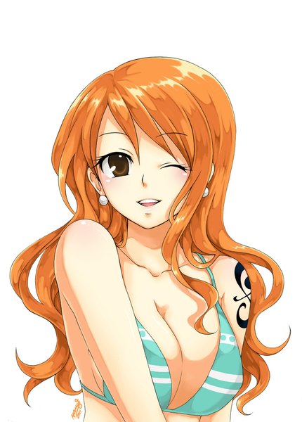 Anime picture 1670x2330 with one piece toei animation nami (one piece) single long hair tall image looking at viewer blush fringe open mouth smile white background bare shoulders brown eyes one eye closed wink orange hair tattoo wavy hair girl