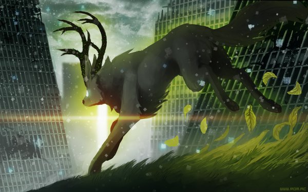 Anime picture 1920x1200 with romantically apocalyptic alexiuss luna133 highres wide image horn (horns) sunlight glowing snowing snow glowing eye (eyes) no people ruins plant (plants) animal leaf (leaves) building (buildings) grass