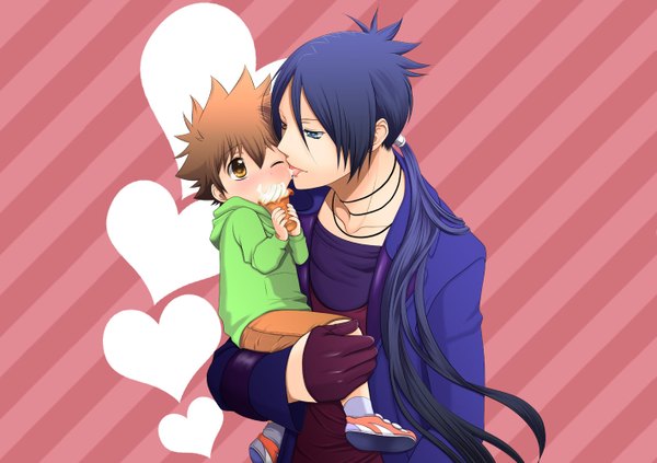 Anime picture 1418x1000 with katekyou hitman reborn sawada tsunayoshi rokudo mukuro long hair blush blue hair one eye closed wink loli heterochromia pink background shounen ai licking alternate age carrying younger boy gloves food heart