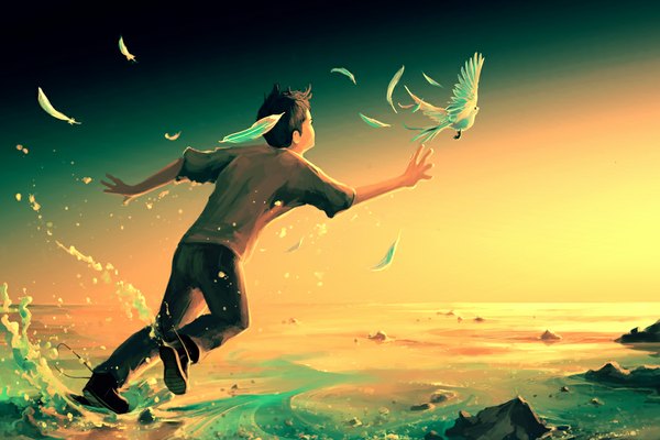 Anime picture 1050x700 with original aquasixio (artist) single short hair brown hair sunlight running boy animal water bird (birds) feather (feathers) t-shirt sneakers stone (stones)