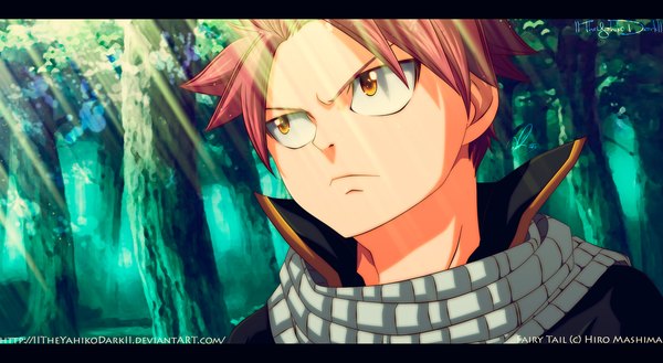 Anime picture 1024x563 with fairy tail natsu dragneel iitheyahikodarkii single short hair wide image pink hair sunlight orange eyes coloring letterboxed boy plant (plants) tree (trees) scarf forest