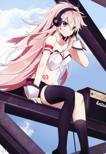 Anime picture 2073x2992 with vocaloid megurine luka hatsuko single long hair tall image looking at viewer highres blue eyes sitting pink hair sky scan midriff tattoo girl thighhighs navel black thighhighs shorts