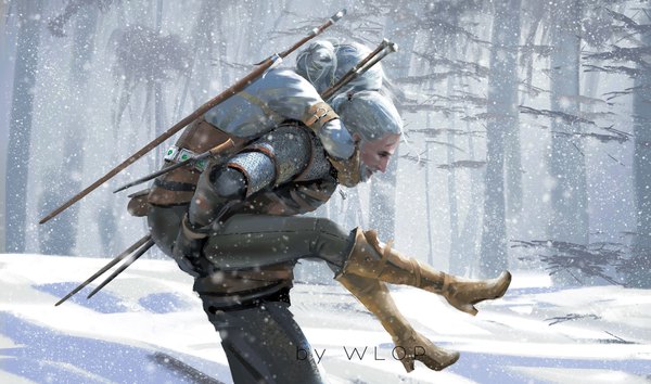 Anime picture 1669x986 with the witcher the witcher 3 wild hunt ciri geralt of rivia wlop short hair wide image holding signed full body outdoors white hair profile hair bun (hair buns) high heels hug snowing winter snow landscape