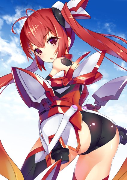Anime picture 744x1052 with ore twintail ni narimasu production ims tail red henet hene single long hair tall image blush open mouth light erotic purple eyes twintails sky ahoge ass red hair turning head mecha musume girl weapon
