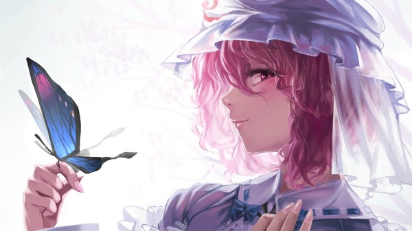 Anime picture 1280x720 with touhou saigyouji yuyuko geppewi single looking at viewer blush short hair simple background wide image white background pink hair profile pink eyes butterfly on hand girl dress insect butterfly bonnet