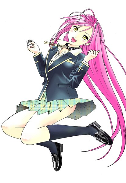 Anime picture 1280x1858 with rosario+vampire akashiya moka tagme (artist) single long hair tall image blush open mouth simple background smile white background yellow eyes pink hair pleated skirt plaid skirt happy open collar jumping girl thighhighs