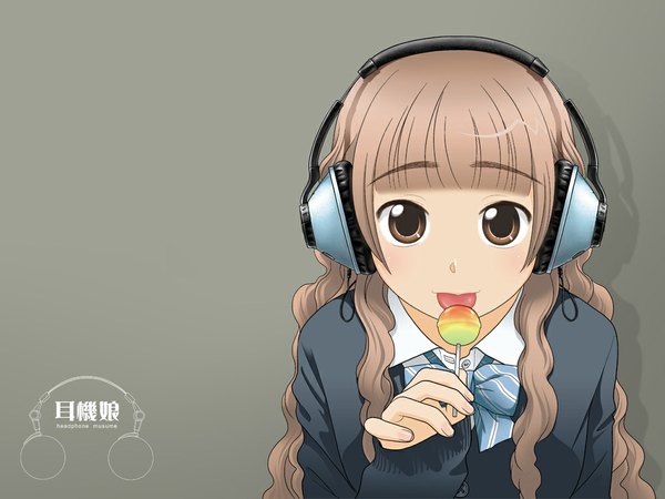 Anime picture 1024x768 with original headphone + musume ootsuka mahiro uniform school uniform tongue headphones cardigan lollipop