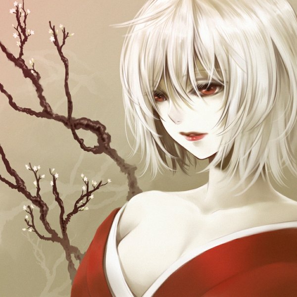 Anime picture 1000x1000 with original ueda takashi (artist) single fringe short hair breasts blonde hair looking away cleavage traditional clothes japanese clothes lips off shoulder orange eyes looking down girl flower (flowers) kimono branch