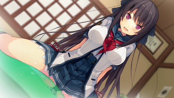 Anime picture 1280x720 with ao no kanata no four rhythm sprite (company) tobisawa misaki akinashi yuu single long hair looking at viewer blush fringe breasts light erotic black hair wide image large breasts sitting purple eyes game cg pleated skirt spread legs hands behind back