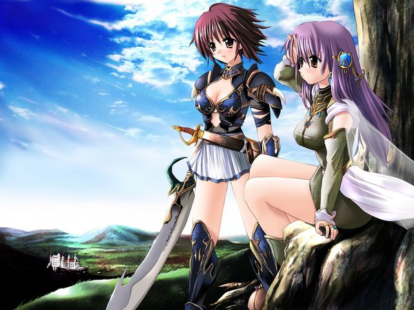 Anime picture 1152x864 with sitting multiple girls brown eyes sky purple hair cloud (clouds) fantasy girl skirt 2 girls sword armor castle