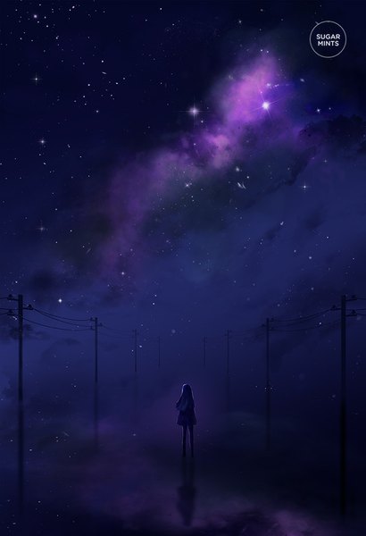 Anime picture 616x900 with original sugarmints single long hair tall image standing purple hair from behind night night sky reflection fog girl pantyhose star (stars) bag wire (wires) power lines