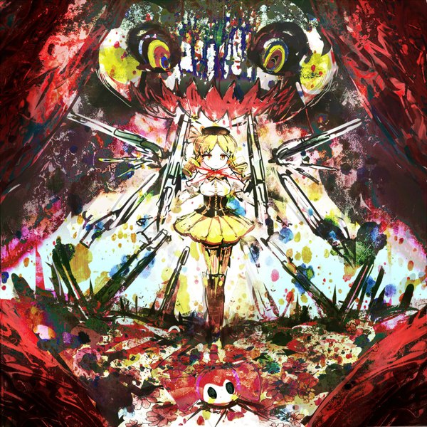 Anime picture 2000x2000 with mahou shoujo madoka magica shaft (studio) tomoe mami conten (pixiv) single long hair highres blonde hair twintails yellow eyes drill hair girl dress flower (flowers) ribbon (ribbons) bow hair ribbon hat monster
