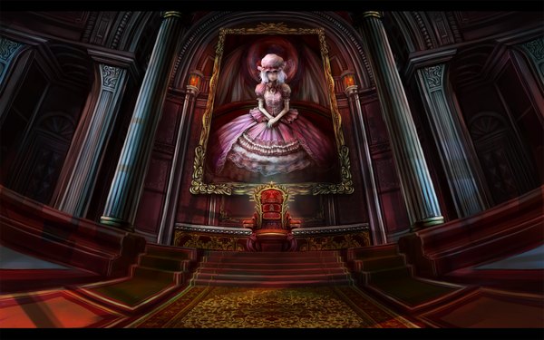 Anime picture 1920x1200 with touhou remilia scarlet modama highres wide image indoors fisheye painting girl dress hat wings stairs armchair picture pillar column throne carpet