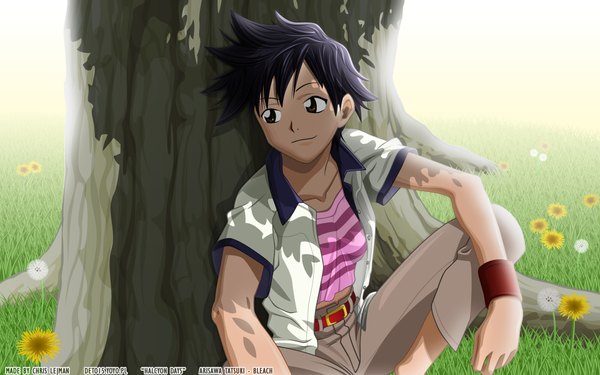 Anime picture 1920x1200 with bleach studio pierrot arisawa tatsuki deto15 (chris lejman) single highres short hair black hair wide image sitting signed yellow eyes looking away outdoors copyright name character names vector against tree girl flower (flowers)