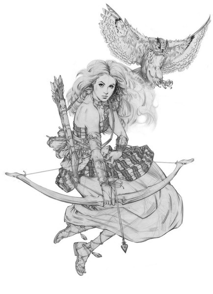 Anime picture 796x1100 with original tagme (artist) single long hair tall image looking at viewer simple background white background bare shoulders monochrome girl weapon animal bird (birds) bow (weapon) arrow (arrows) owl