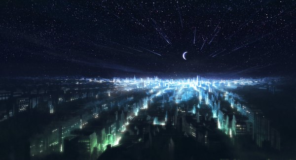 Anime picture 923x500 with original mocha (cotton) wide image from above night night sky city cityscape crescent city lights meteor rain moon star (stars)