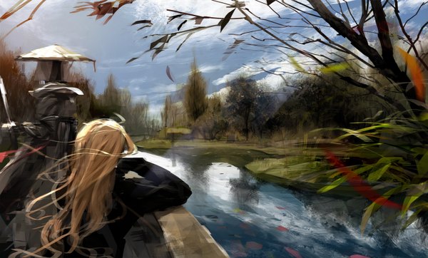 Anime picture 1432x866 with original mujiha (mlog) long hair blonde hair wide image sitting sky cloud (clouds) ahoge wind from behind arm support reflection landscape river girl gloves plant (plants) hat tree (trees)