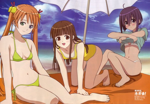 Anime picture 2009x1397 with mahou sensei negima! megami magazine kagurazaka asuna miyazaki nodoka konoe konoka katou hatsue long hair blush fringe highres short hair light erotic hair between eyes brown hair twintails multiple girls purple hair ahoge blunt bangs scan