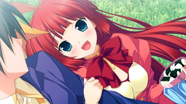 Anime picture 1280x720 with tiny dungeon (game) rosebleu von term long hair blush open mouth red eyes wide image game cg red hair girl uniform school uniform food obento