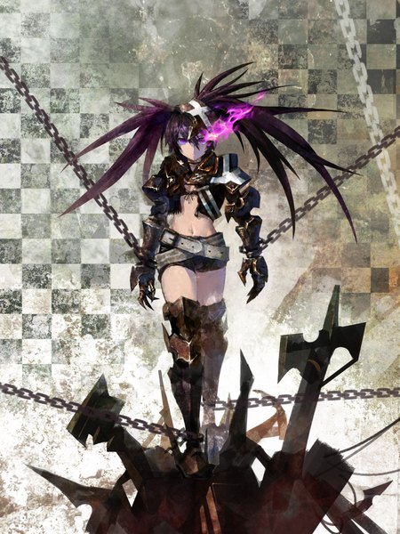 Anime picture 1500x2000 with black rock shooter insane black rock shooter cancer (zjcconan) single long hair tall image looking at viewer black hair purple eyes twintails bare belly glowing glowing eye (eyes) walking bondage checkered checkered background girl navel shorts