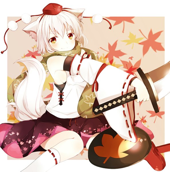 Anime picture 1000x1011 with touhou inubashiri momiji pun2 single tall image blush short hair red eyes animal ears white hair animal tail girl skirt weapon detached sleeves miniskirt sword leaf (leaves) pom pom (clothes) shield