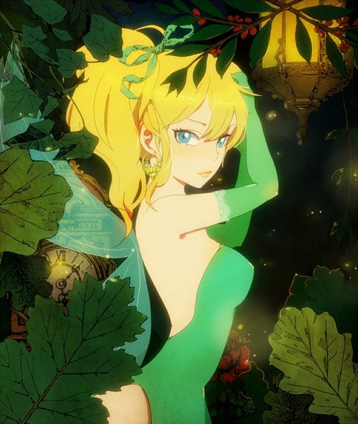 Anime picture 1000x1182 with peter pan tinkerbell (character) fuyuno single tall image looking at viewer blue eyes blonde hair bare shoulders ponytail light smile dark background fairy girl dress gloves ribbon (ribbons) plant (plants) hair ribbon detached sleeves