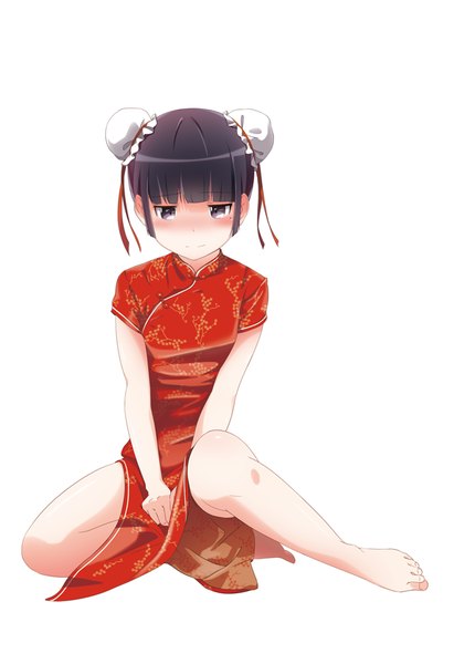 Anime picture 600x837 with ore no imouto ga konna ni kawaii wake ga nai gokou ruri suzumeko single tall image looking at viewer blush short hair black hair simple background white background bent knee (knees) traditional clothes barefoot black eyes mole embarrassed mole under eye chinese clothes girl