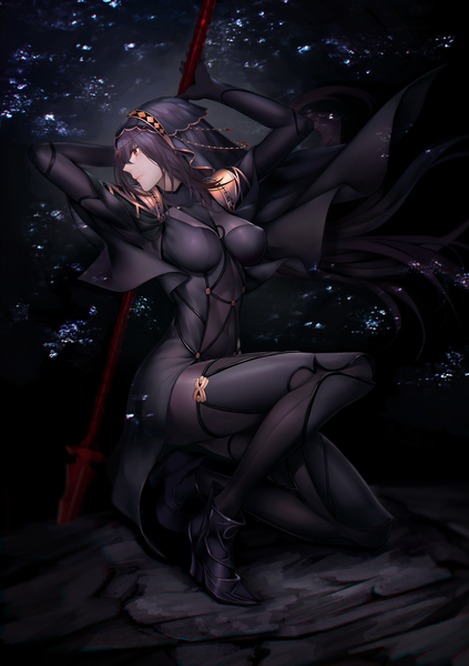 Anime picture 2597x3683 with fate (series) fate/grand order scathach (fate) (all) scathach (fate) yagitome87 single long hair tall image highres breasts light erotic black hair red eyes looking away dark background girl gloves weapon black gloves bodysuit