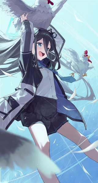 Anime picture 1602x3000 with blue archive aris (blue archive) siro joon single long hair tall image fringe open mouth blue eyes black hair hair between eyes holding looking away :d arms up open jacket girl uniform school uniform animal