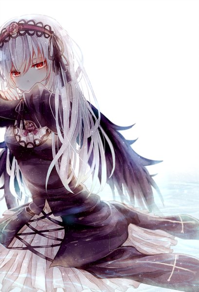 Anime picture 900x1320 with rozen maiden suigintou poison916 single long hair tall image blush simple background red eyes white background sitting silver hair looking down black wings goth-loli girl dress wings