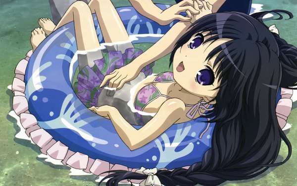 Anime picture 1920x1200 with ookami kakushi long hair highres blue eyes black hair wide image swimsuit