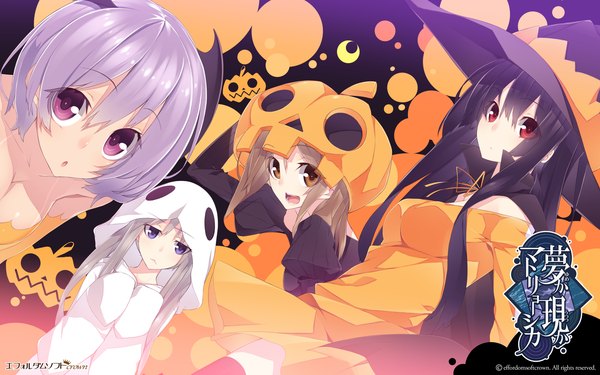 Anime picture 1920x1200 with original senmu long hair looking at viewer highres short hair open mouth black hair red eyes brown hair wide image purple eyes multiple girls brown eyes purple hair girl witch hat 4 girls