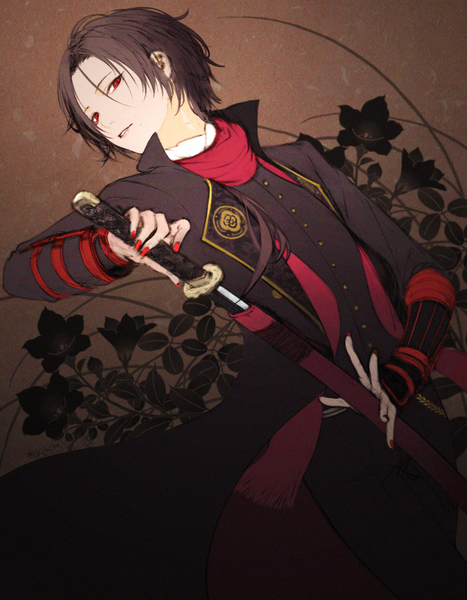 Anime picture 676x868 with touken ranbu nitroplus kashuu kiyomitsu kodama (wa-ka-me) single tall image looking at viewer short hair red eyes brown hair holding nail polish parted lips fingernails light smile from below red nail polish boy flower (flowers) weapon