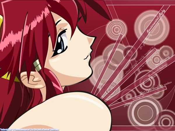 Anime picture 1600x1200 with vandread gonzo dita liebely teresevo single long hair fringe smile hair between eyes bare shoulders signed payot red hair profile light smile grey eyes wallpaper text close-up red background