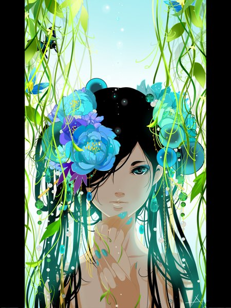 Anime picture 1500x2000 with original nanahara single long hair tall image looking at viewer fringe black hair bare shoulders nail polish hair flower black eyes hair over one eye pillarboxed girl hair ornament flower (flowers) plant (plants)