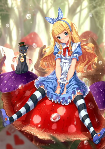 Anime picture 1446x2046 with alice in wonderland alice (wonderland) kazeno single long hair tall image looking at viewer blush fringe open mouth blue eyes blonde hair full body blunt bangs head tilt girl thighhighs dress bow plant (plants)