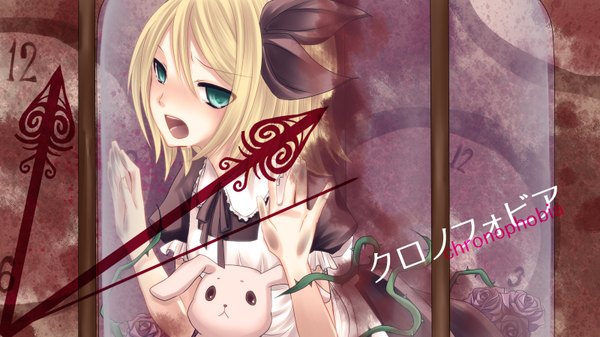Anime picture 1600x900 with vocaloid kagamine rin short hair open mouth blonde hair wide image green eyes girl bow hair bow toy stuffed animal clock bunny thorns directional arrow