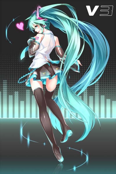 Anime picture 1800x2700 with vocaloid hatsune miku takanashi kei (hitsujikan) single tall image blush highres twintails bare shoulders very long hair looking back aqua eyes aqua hair girl skirt detached sleeves necktie heart headphones thigh boots