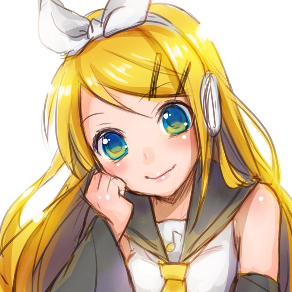 Anime picture 2000x2000 with vocaloid kagamine rin yamori (stom) single long hair looking at viewer blush highres blue eyes simple background blonde hair smile white background head rest future style (module) girl hair ornament detached sleeves hairband hairclip
