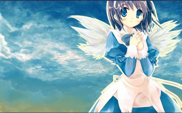 Anime picture 1680x1050 with short hair blue eyes brown hair wide image sky maid wings ogata kinji