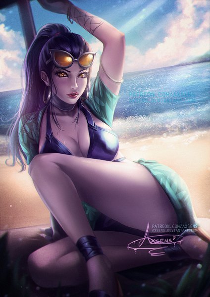 Anime picture 636x900 with overwatch blizzard entertainment widowmaker (overwatch) cote d'azur widowmaker axsen single long hair tall image looking at viewer breasts light erotic large breasts sitting signed yellow eyes sky purple hair cloud (clouds) bent knee (knees) ponytail