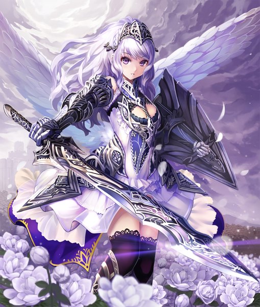 Anime picture 1500x1768 with original yato (pondel) single long hair tall image looking at viewer purple eyes white hair girl thighhighs dress flower (flowers) weapon black thighhighs petals sword wings armor shield