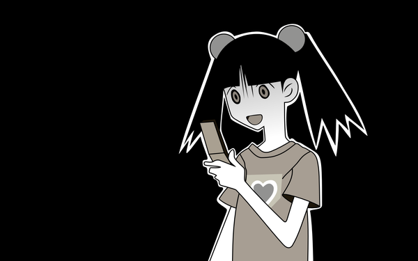 Anime picture 1920x1200 with sayonara zetsubou sensei shaft (studio) otonashi meru single fringe highres short hair open mouth black hair wide image twintails blunt bangs :d wallpaper black background monochrome shaded face vector surprised outline