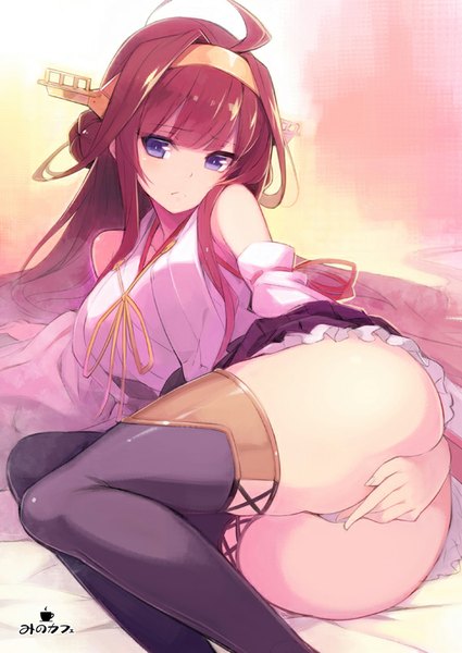 Anime picture 567x800 with kantai collection kongou battleship minono aki single long hair tall image blush fringe breasts light erotic brown hair large breasts purple eyes signed payot looking away ahoge bent knee (knees) ass lying