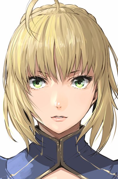 Anime picture 2456x3712 with fate (series) fate/stay night artoria pendragon (all) saber enami katsumi single tall image looking at viewer fringe highres short hair blonde hair simple background white background green eyes ahoge parted lips portrait girl